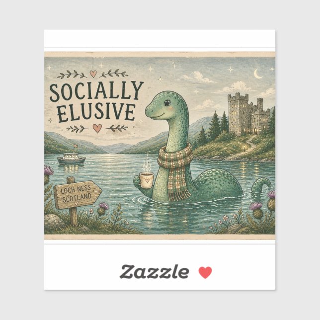 Pegatina Nessie esquiva socialmente críptido acogedor Loch  (Hoja)