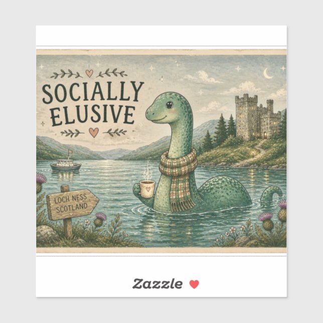 Pegatina Nessie esquiva socialmente criptozoológico Loch Ne (Hoja)
