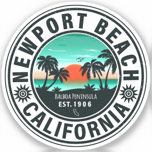 Pegatina Newport Beach California Retro Sunset Vacation 80 (Anverso)
