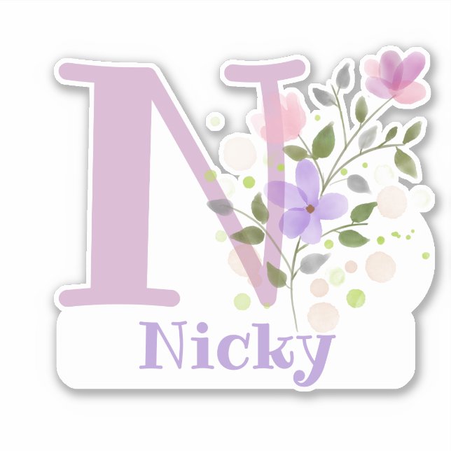 Pegatina Nicky e Inicial con diseño floral (Anverso)