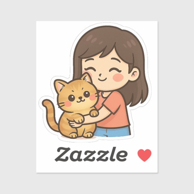 Pegatina Niña abrazando a su gato (Hoja)