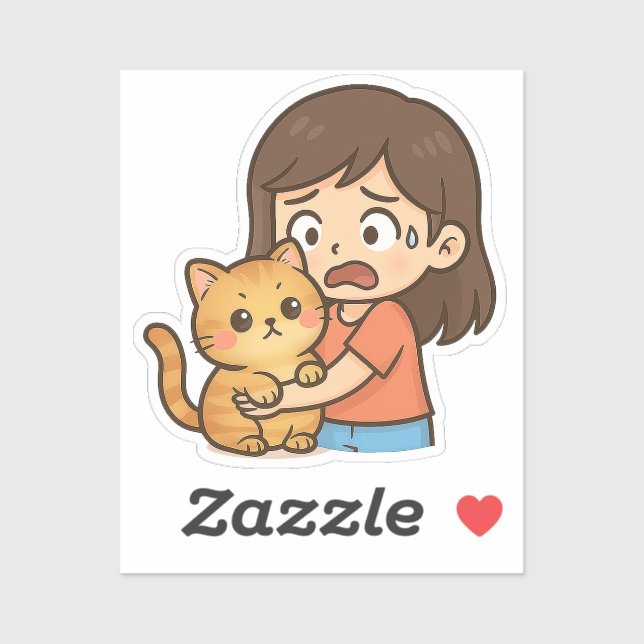 Pegatina Niña Asustada Abrazando a su Gato (Hoja)
