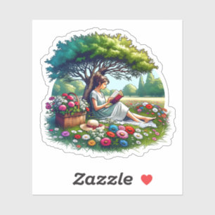 Pegatina Niña leyendo bajo un árbol rodeada de flores