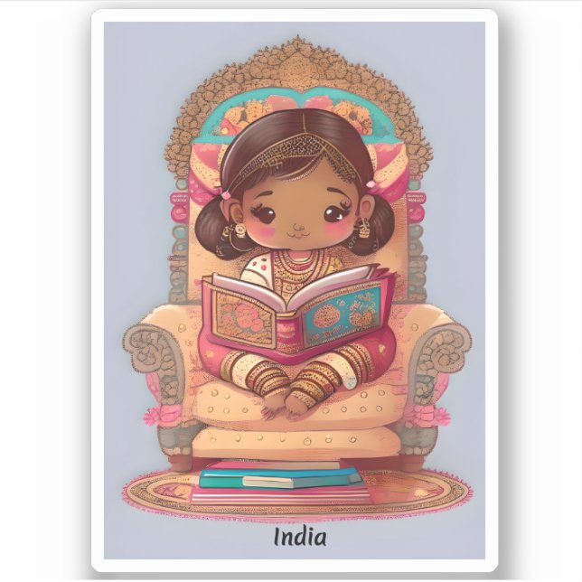 Pegatina Niñas del mundo leyendo - India (Anverso)