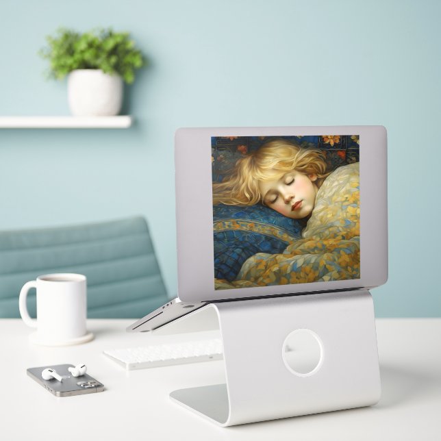 Pegatina Niño dormido en sueño en la inclinación floral (Ordenado portátil  en el escritorio)
