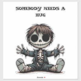 Pegatina niño esqueleto incrédulo dando abrazos al arte per