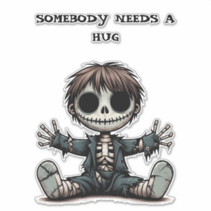Pegatina niño esqueleto incrédulo dando abrazos al arte per