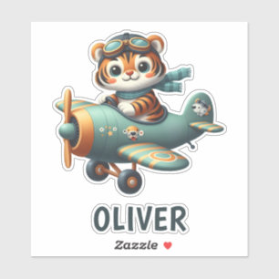 Pegatina Niño Lindo de Tigre Volando un Avión Personalizado