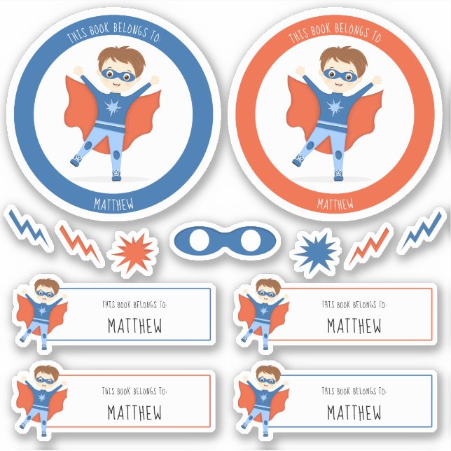 Pegatina Niño superhéroe a quien pertenece este libro (Anverso)