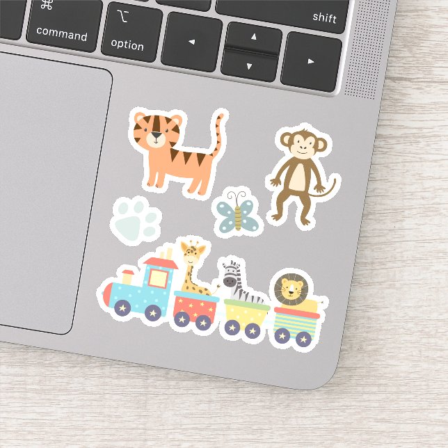 Pegatina Niños cortan animales zoológicos en tren (Detalle)