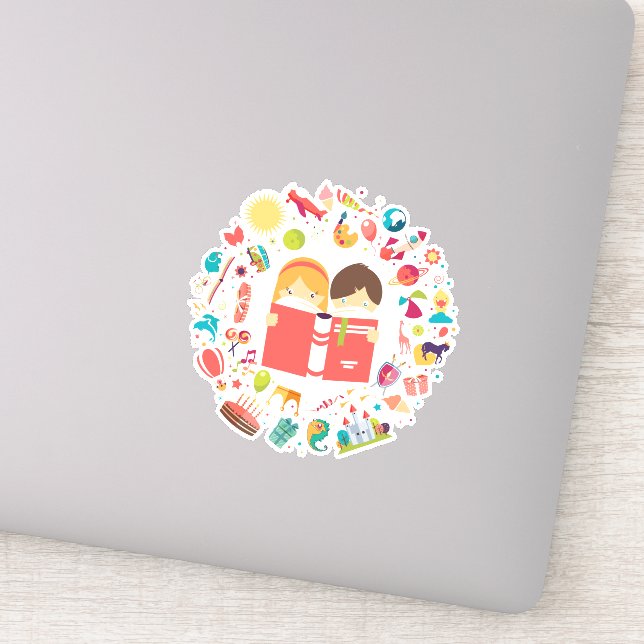 Pegatina Niños educados leyendo personalizado (Detalle)