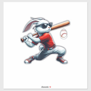 Pegatina Niños Feliz Pascua Conejo Jugando Béisbol Este