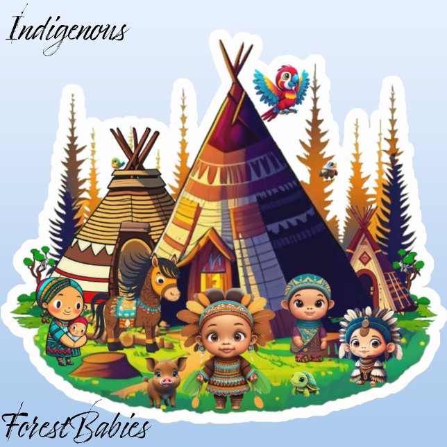 Pegatina Niños indígenas americanos indios, tipis y animale (Indigenous ForestBabies Sticker)
