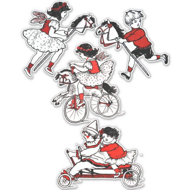 Pegatina Niños Jugando con juguetes ilustracion de época (Anverso)
