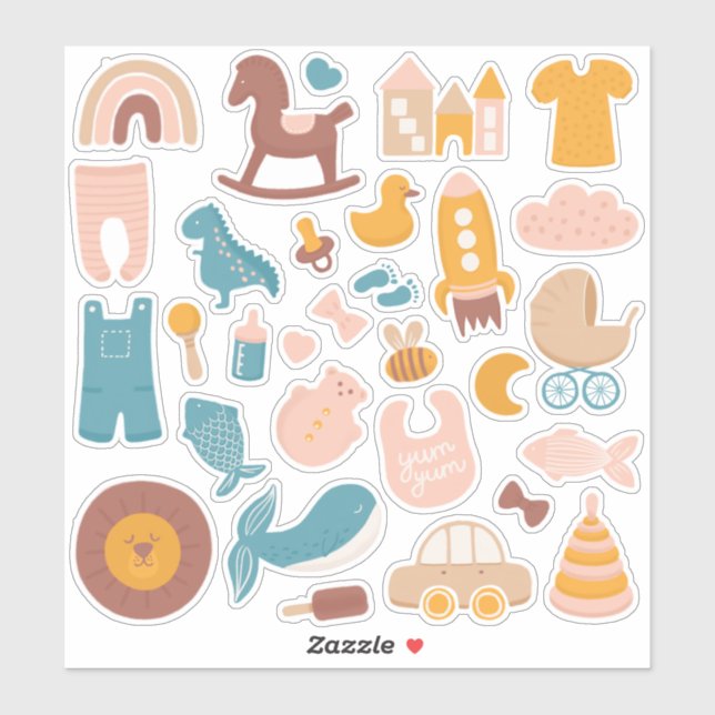 Pegatina Niños pequeños animales y juguetes. Nacimiento div (Hoja)