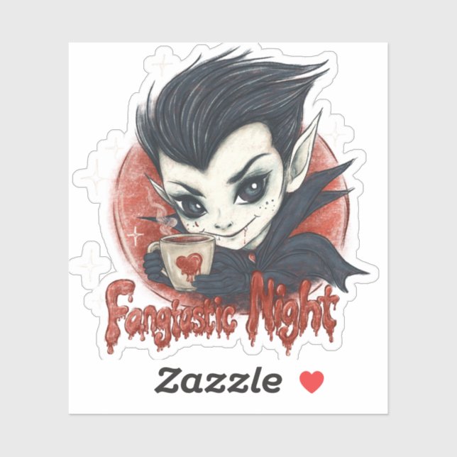 Pegatina Noche fantástica. Vampiro lindo con una taza de ca (Hoja)
