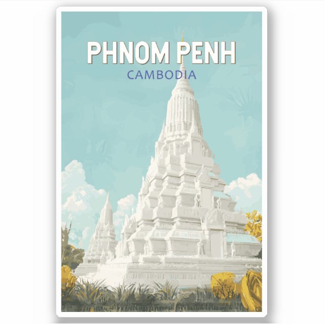 Pegatina Nom Pen Ilustracion Camboya Retro de arte de viaje (Anverso)