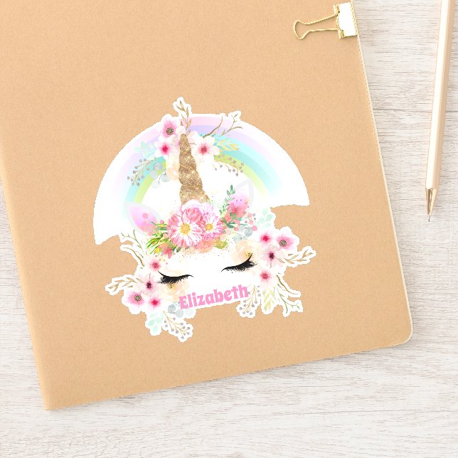 Pegatina Nombrado UNICORN Flores de Oro Rosa Chicas Regalos (Cuaderno)