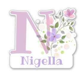 Pegatina Nombrar Nigella e Inicial con Diseño Floral