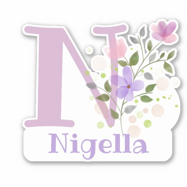 Pegatina Nombrar Nigella e Inicial con Diseño Floral (Anverso)