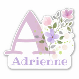 Pegatina Nombre Adrienne e inicial con diseño floral