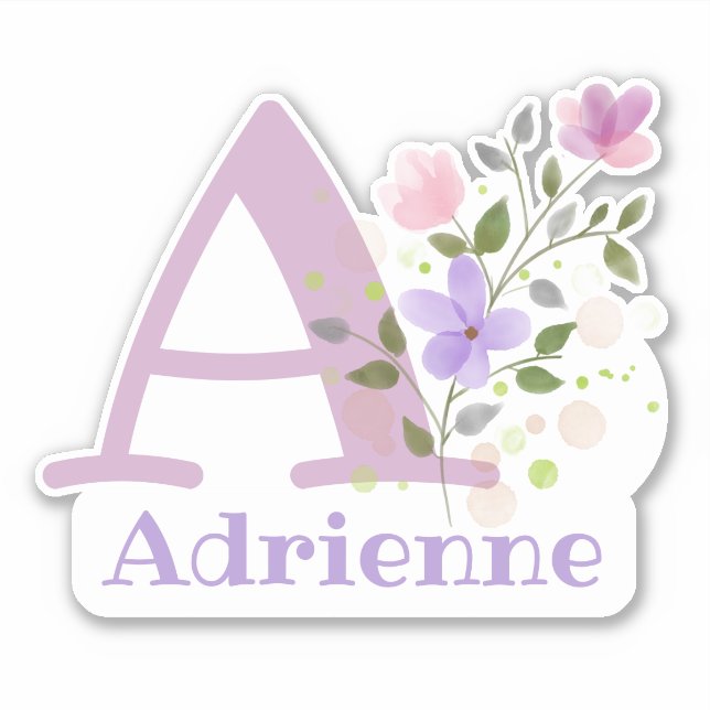 Pegatina Nombre Adrienne e inicial con diseño floral (Anverso)