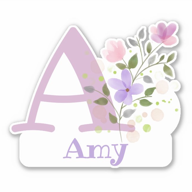 Pegatina Nombre Amy e Inicial con diseño floral (Anverso)