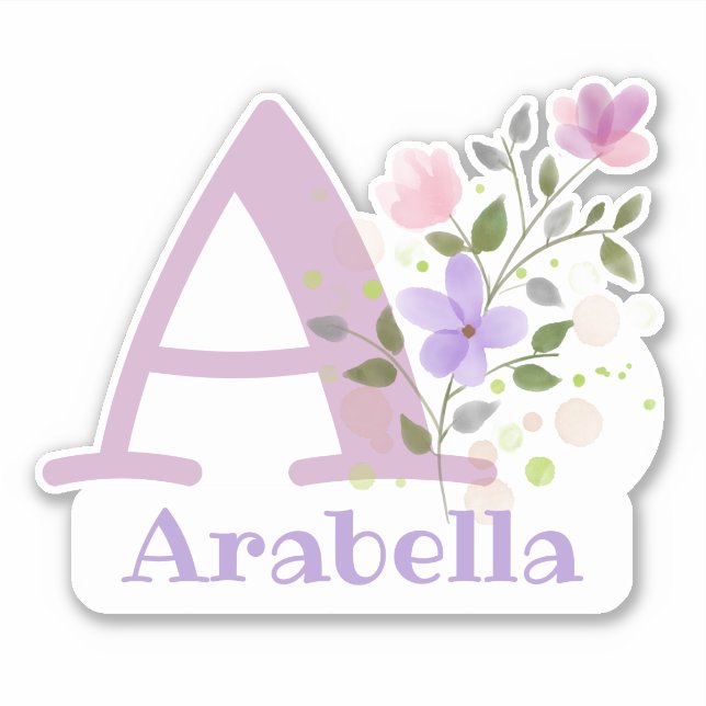 Pegatina Nombre Arabella e Inicial con Diseño Floral (Anverso)