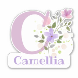 Pegatina Nombre Camellia más Inicial con Diseño Floral