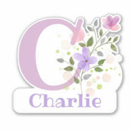 Pegatina Nombre Charlie más inicial con diseño floral