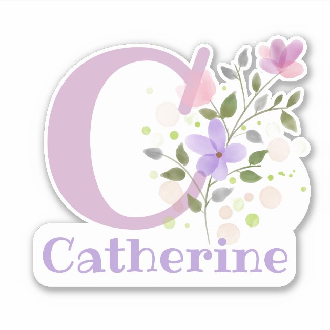 Pegatina Nombre de Catherine más inicial con diseño floral (Anverso)