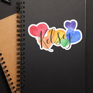 Pegatina Nombre de Corazones Arcoiris de Acuarela