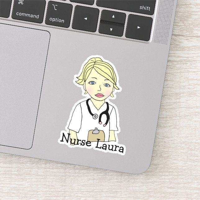 Pegatina Nombre de enfermera o cuidador rubia personalizada (Detalle)