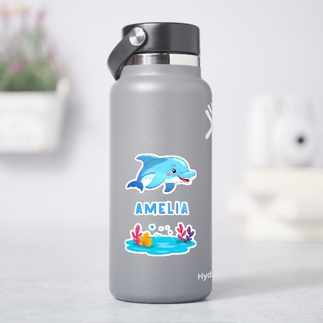 Pegatina Nombre de los animales del mar de delfines (hidrofrasco)