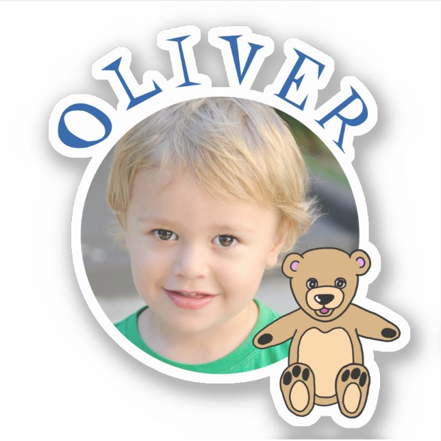 Pegatina Nombre de marco redondo de osito de peluche y niño (Anverso)