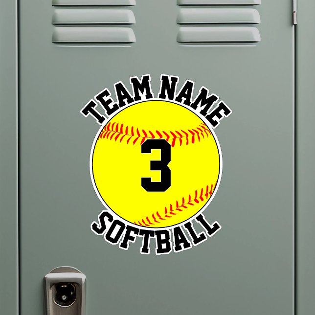 Pegatina Nombre del equipo Softball y número de jugador Dep (Custom softball sticker with custom team name and player number on a metal locker)