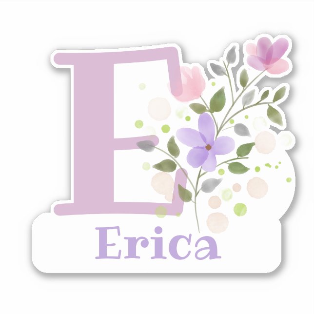 Pegatina Nombre Erica más Inicial con Diseño Floral (Anverso)