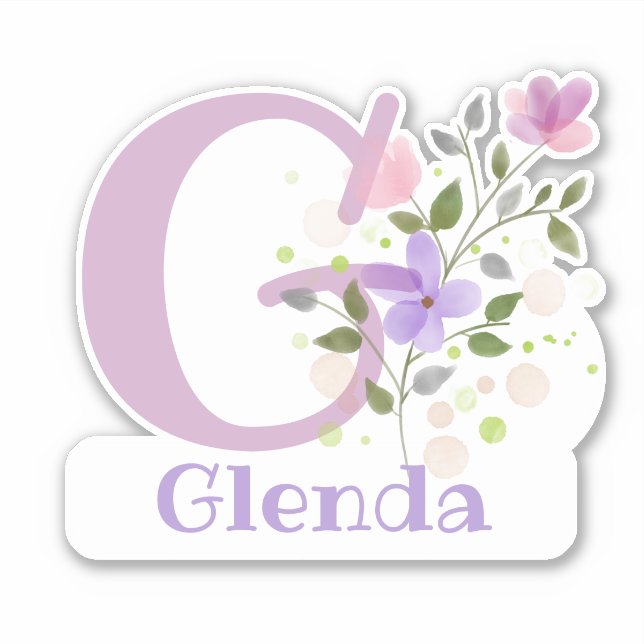 Pegatina Nombre Glenda más inicial con diseño floral (Anverso)