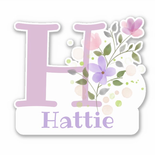 Pegatina Nombre Hattie & Inicial con diseño floral (Anverso)