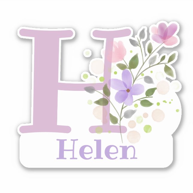 Pegatina Nombre Helen e Inicial con diseño floral (Anverso)