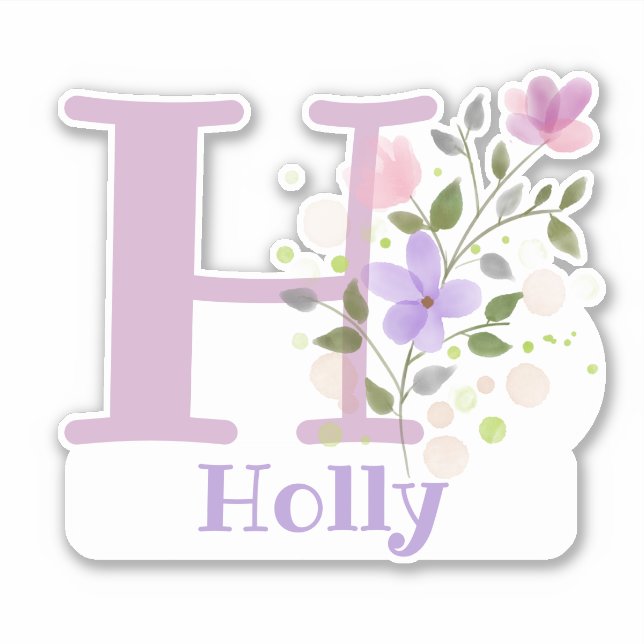 Pegatina Nombre Holly e Inicial con diseño floral (Anverso)