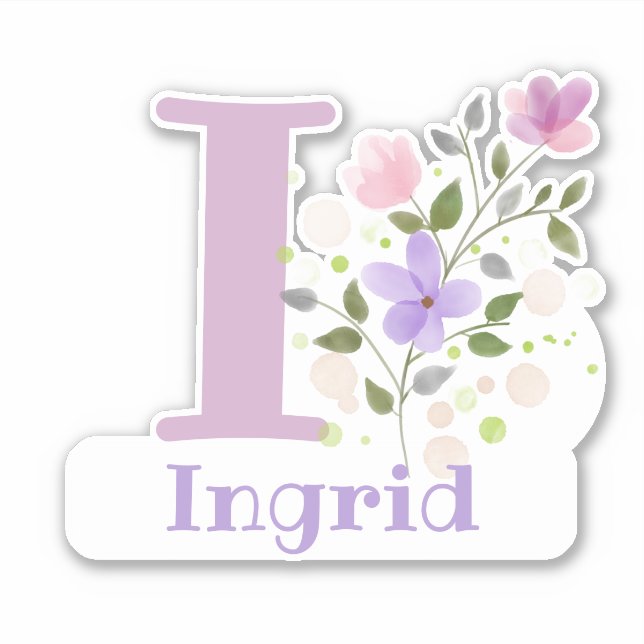 Pegatina Nombre Ingrid e Inicial con Diseño Floral (Anverso)