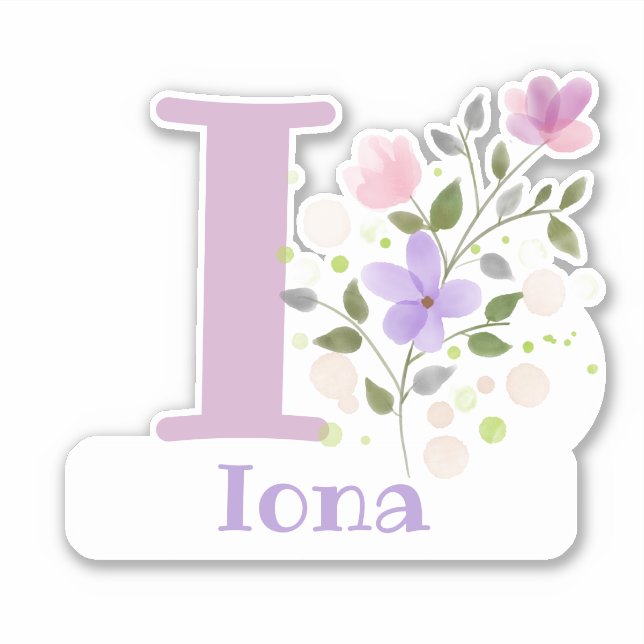 Pegatina Nombre Iona e Inicial con diseño floral (Anverso)