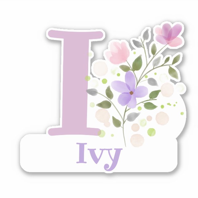 Pegatina Nombre Ivy e Inicial con diseño floral (Anverso)