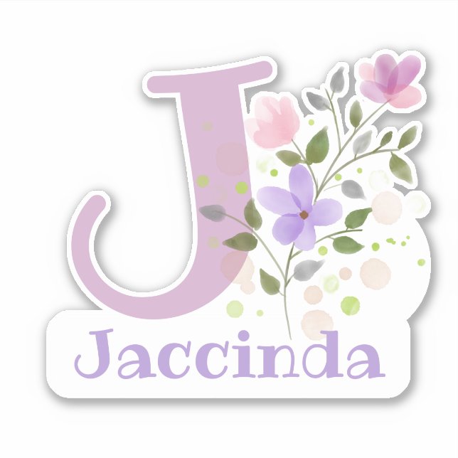 Pegatina Nombre Jaccinda más inicial con diseño floral (Anverso)