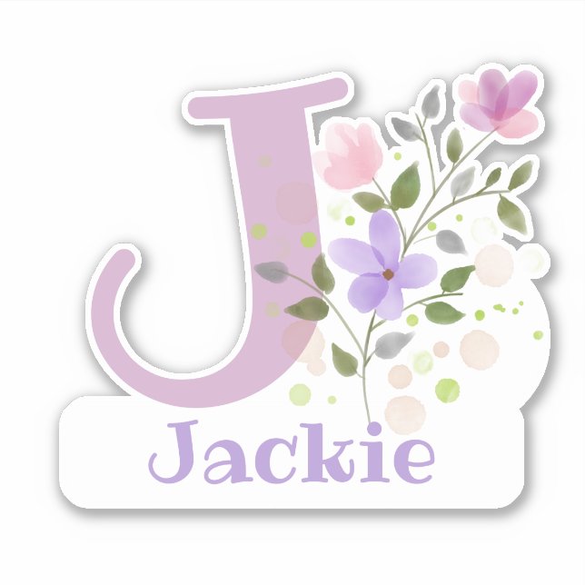 Pegatina Nombre Jackie más Inicial con Diseño Floral (Anverso)