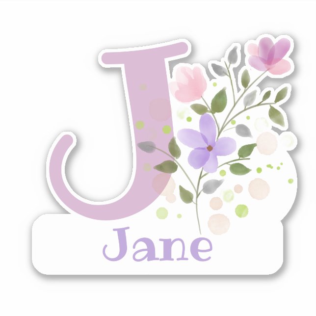 Pegatina Nombre Jane más Inicial con Diseño Floral (Anverso)