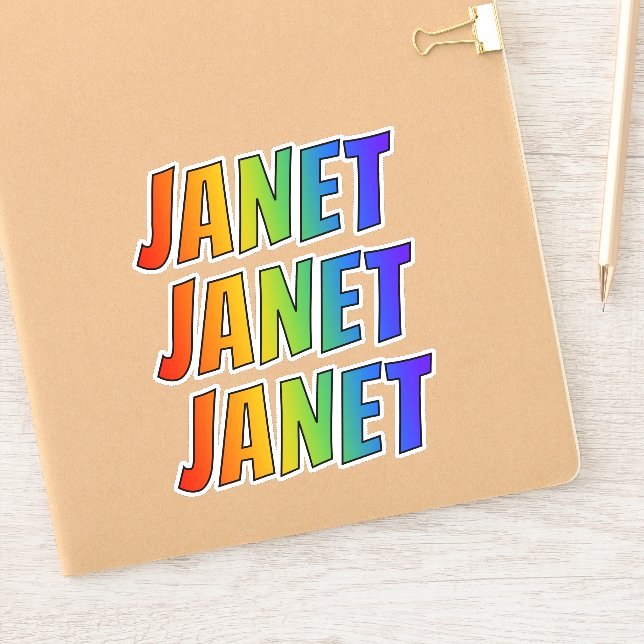 Pegatina Nombre "JANET" con arcoiris divertido (Cuaderno)