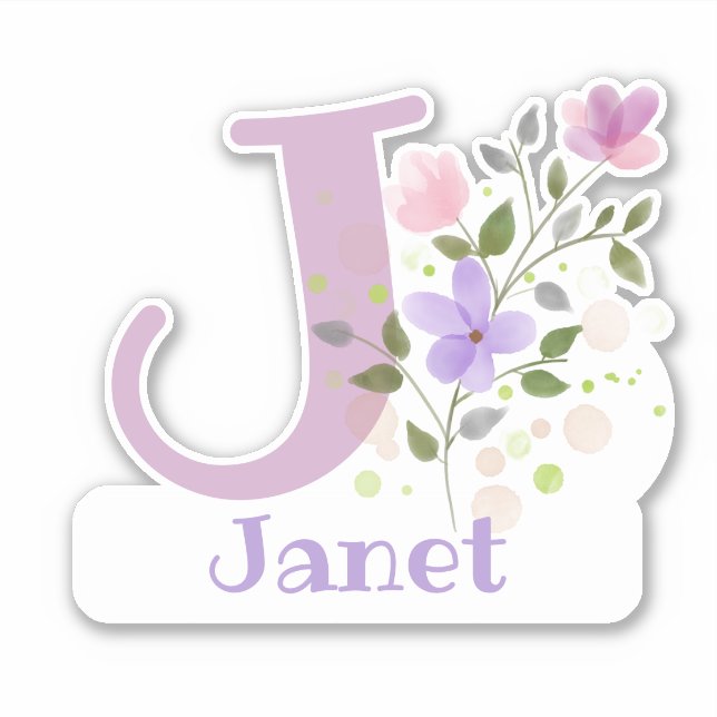 Pegatina Nombre Janet e Inicial con diseño floral (Anverso)