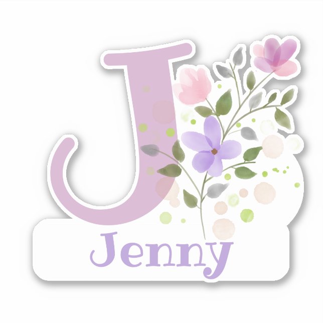 Pegatina Nombre Jenny plus Inicial con diseño floral (Anverso)